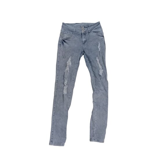 Diva Star Jeans Womens Juniors 15 Blue Light Wash Denim Distressed High Waist - Picture 1 of 7